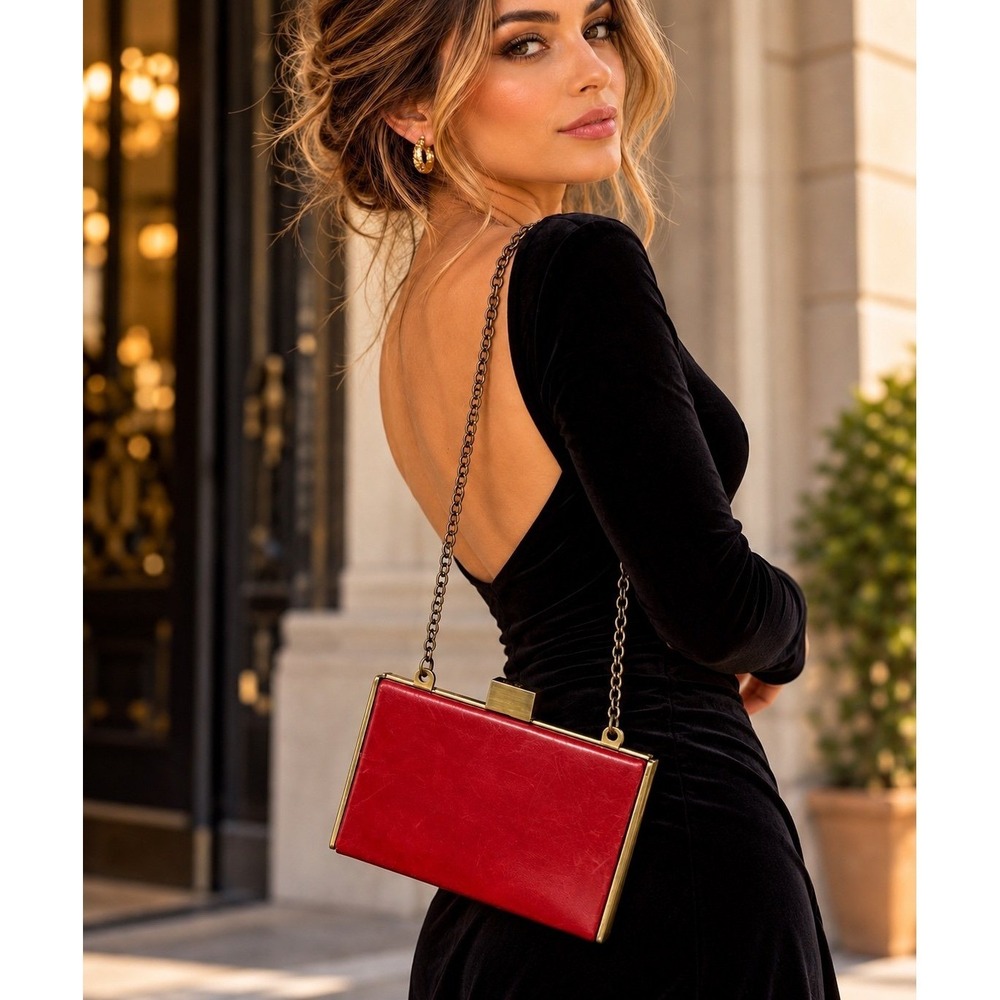 HOBO Original Red Leather Frame Clutch Chain Shoulder Crossbody Bag